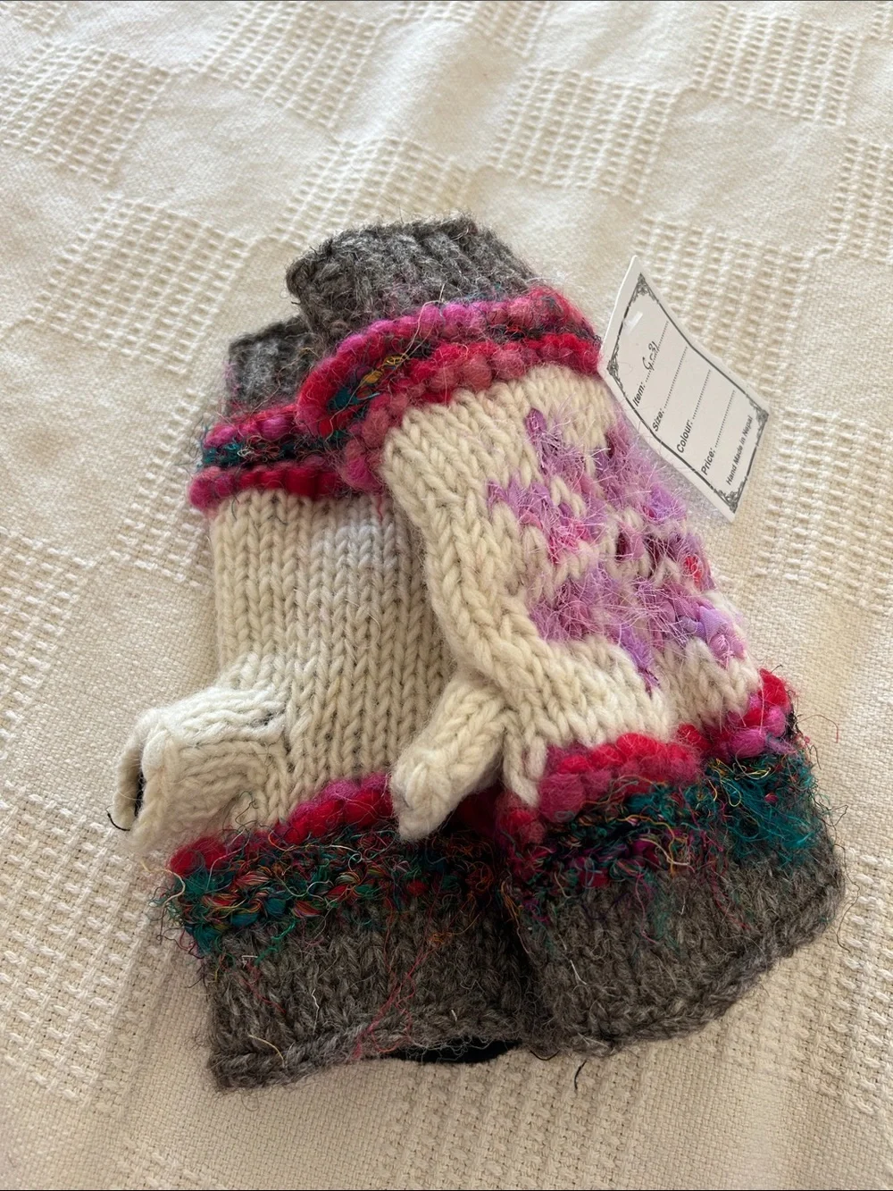 100% Wool Knitted Hand Warmers Colourful Fingerless Silk Hippy Boho Gloves sm